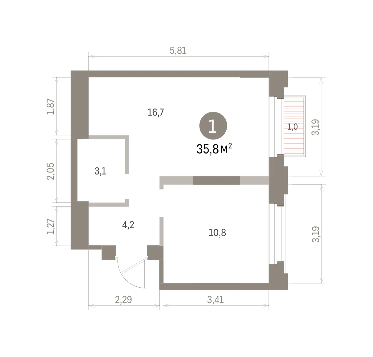 1 комн. Квартира 35.8 кв. м