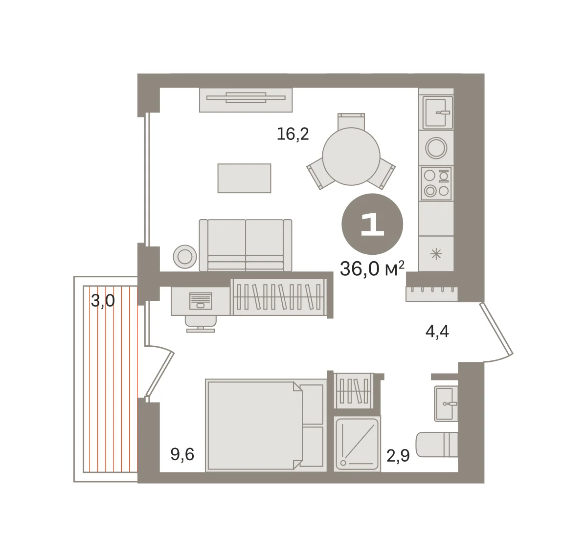1 комн. Квартира 36 кв. м