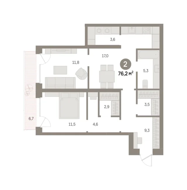 2 комн. Квартира 76.2 кв. м