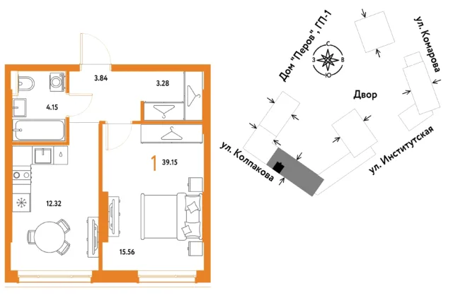 1 комн. Квартира 39.2 кв. м