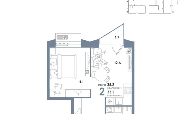 2 комн. Квартира 35.2 кв. м, Москва