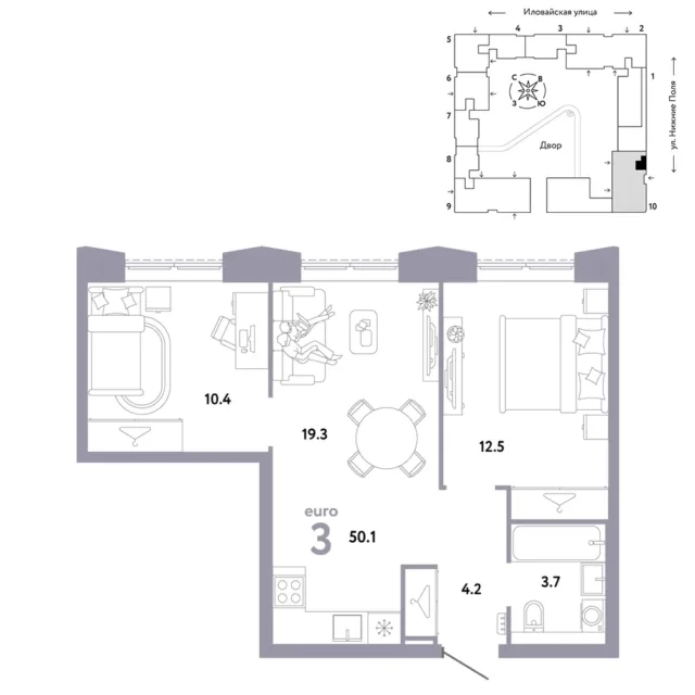 3 комн. Квартира 50.1 кв. м
