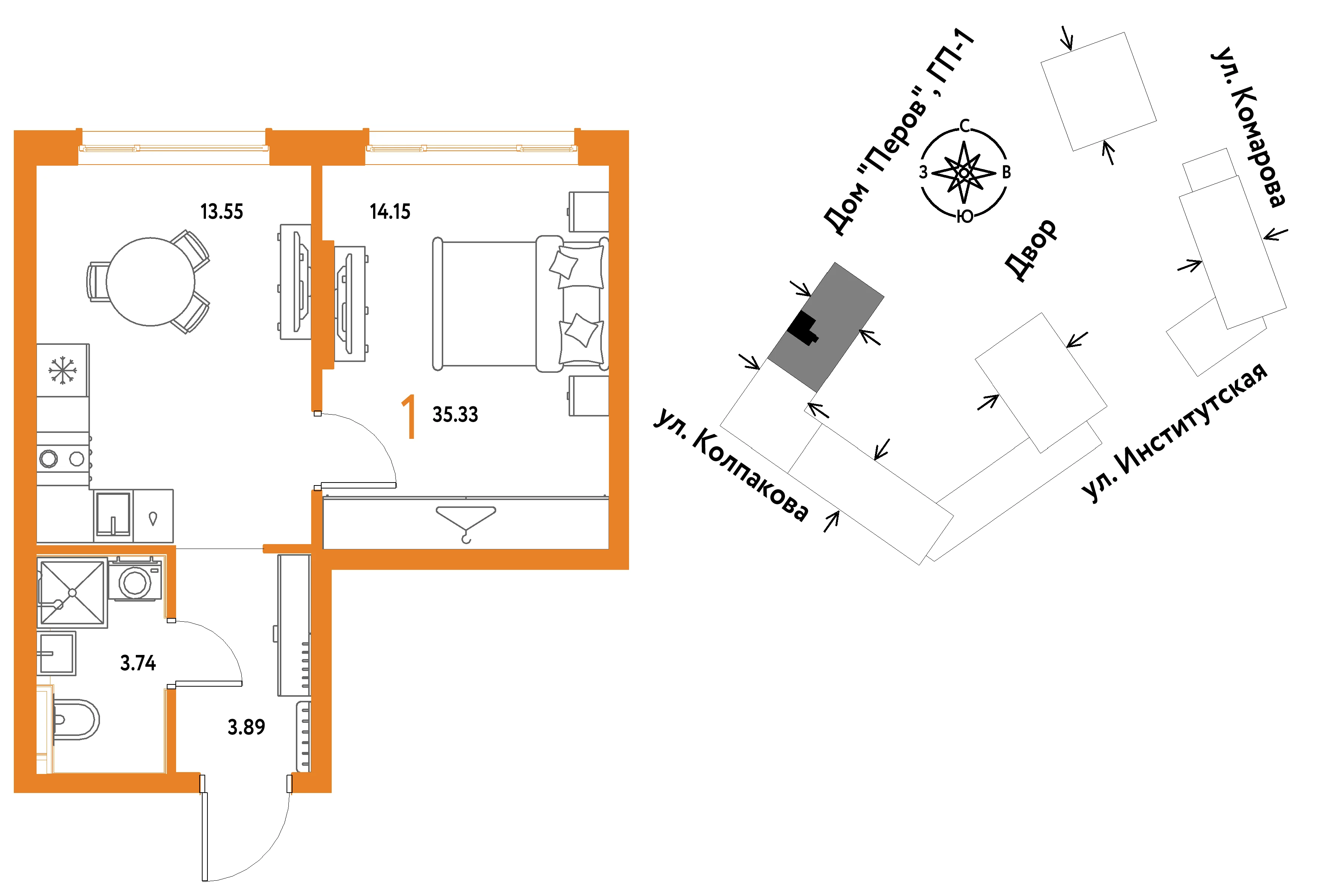 1 комн. Квартира 35.3 кв. м