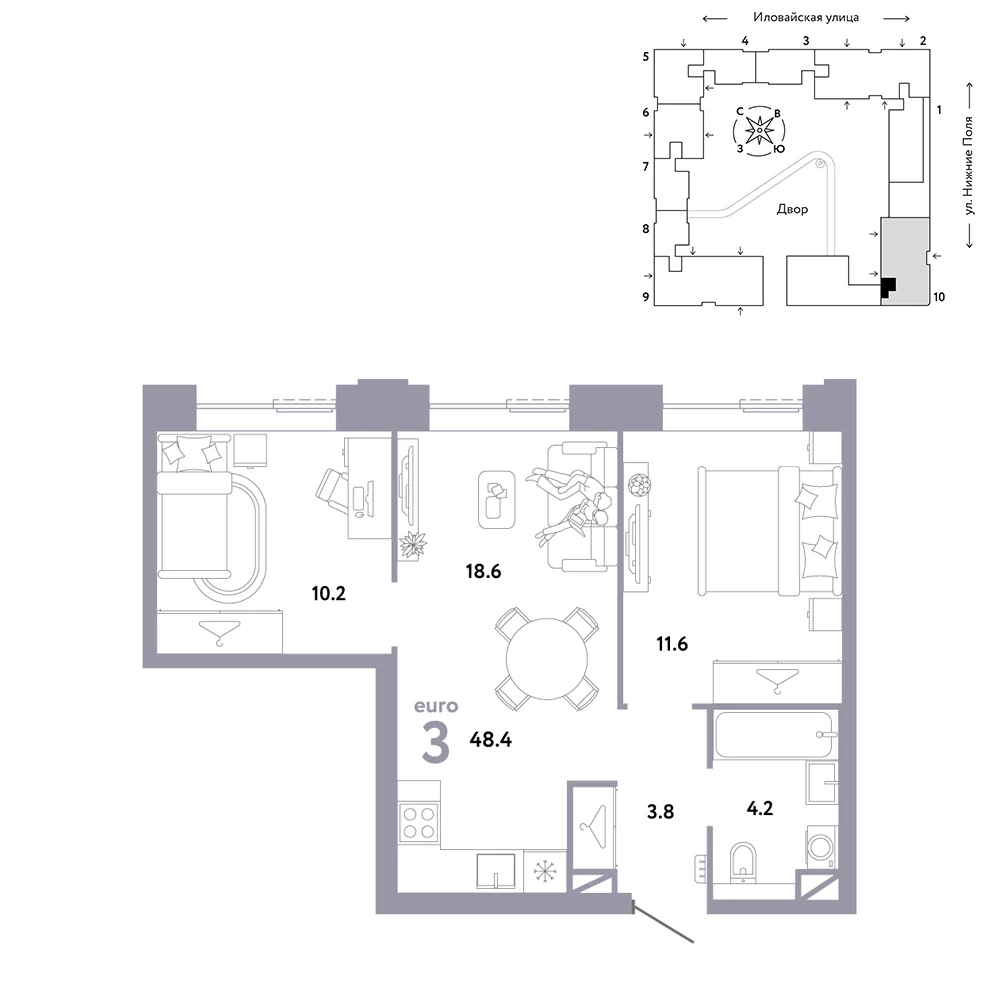 3 комн. Квартира 48.4 кв. м