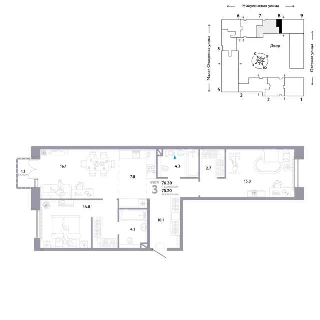 3 комн. Квартира 78.9 кв. м