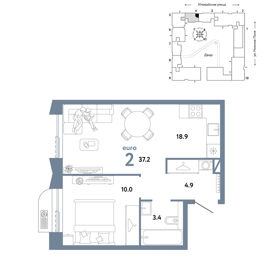2 комн. Квартира 37.2 кв. м
