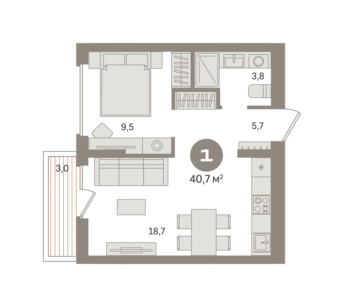 1 комн. Квартира 40.7 кв. м
