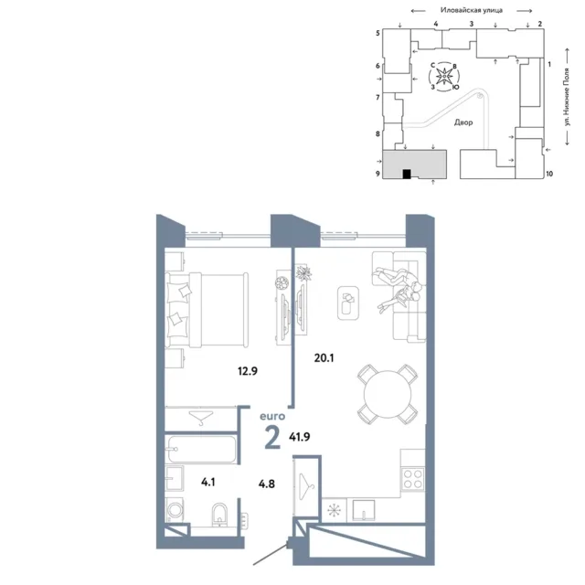 2 комн. Квартира 41.9 кв. м