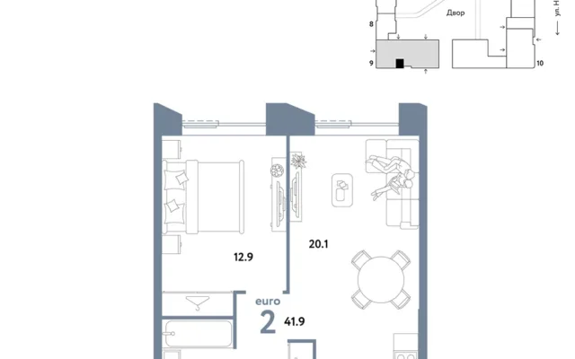 2 комн. Квартира 41.9 кв. м, Москва