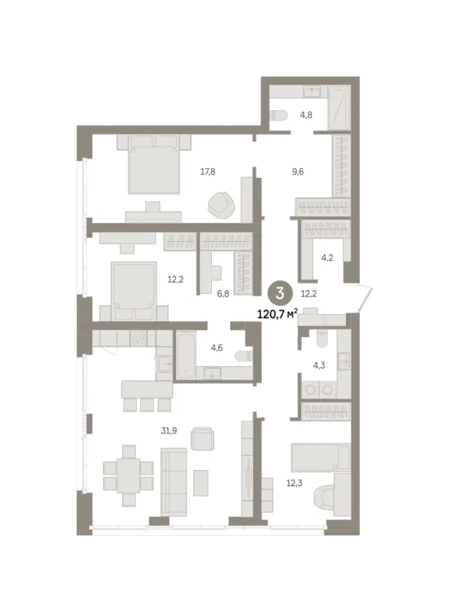3 комн. Квартира 120.7 кв. м