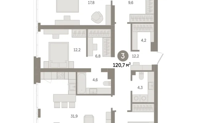 3 комн. Квартира 120.7 кв. м, Московская область Москва
