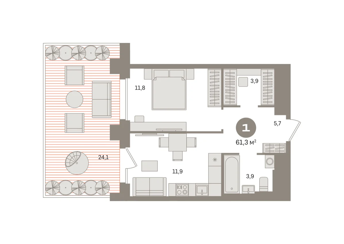 1 комн. Квартира 61.3 кв. м