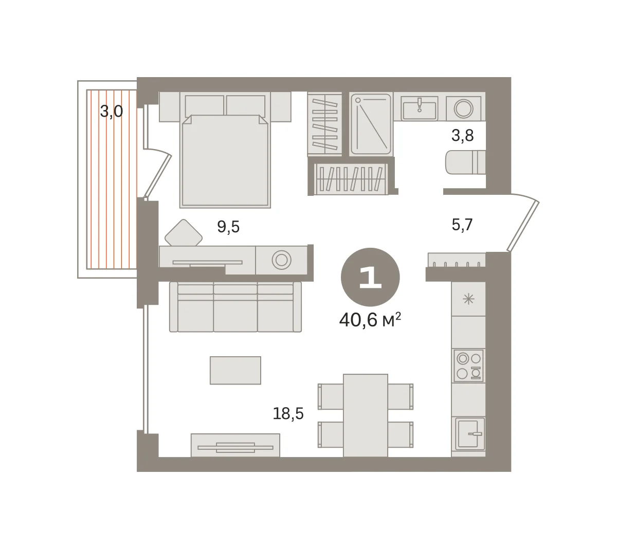 1 комн. Квартира 40.6 кв. м