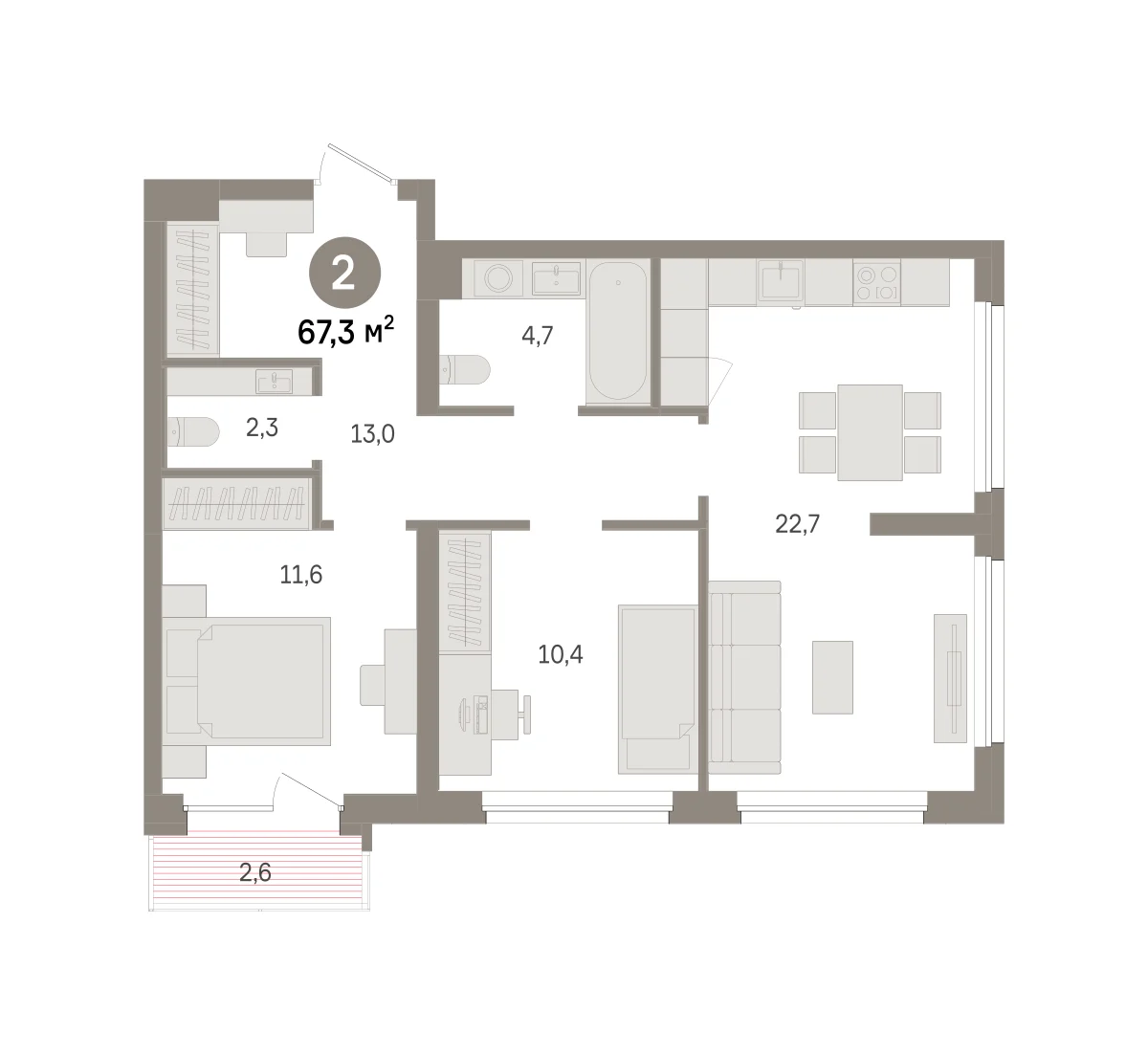 2 комн. Квартира 67.3 кв. м
