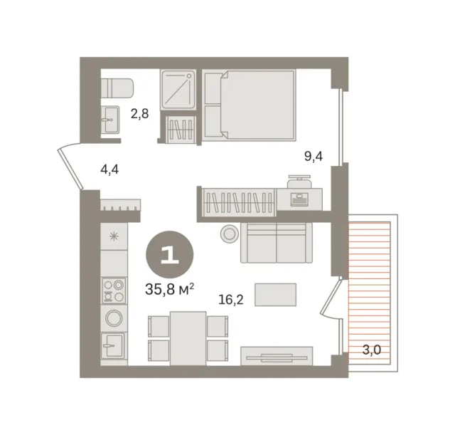 1 комн. Квартира 35.8 кв. м