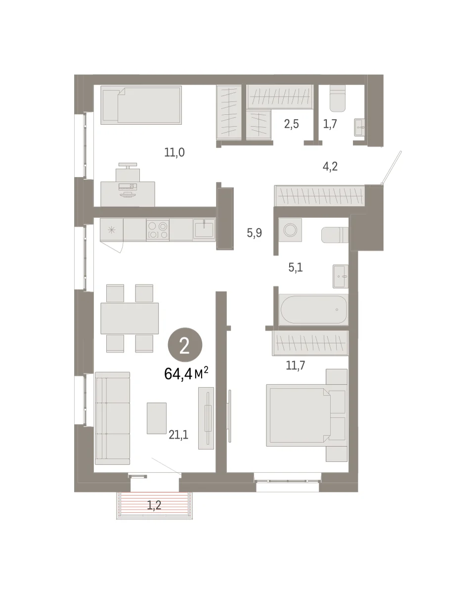 2 комн. Квартира 64.4 кв. м