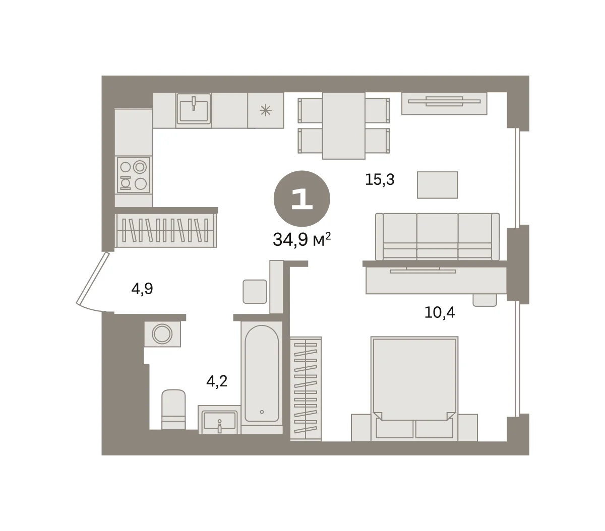 1 комн. Квартира 34.9 кв. м