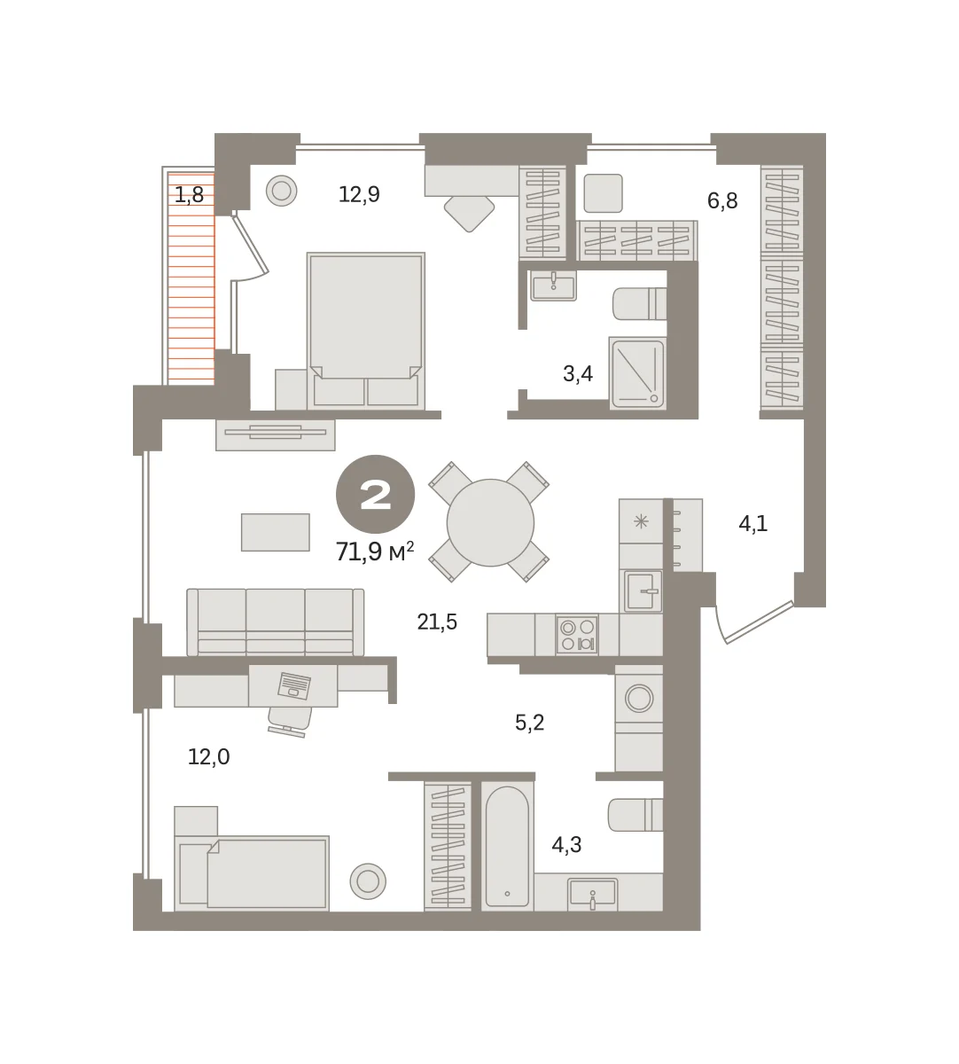 2 комн. Квартира 71.9 кв. м