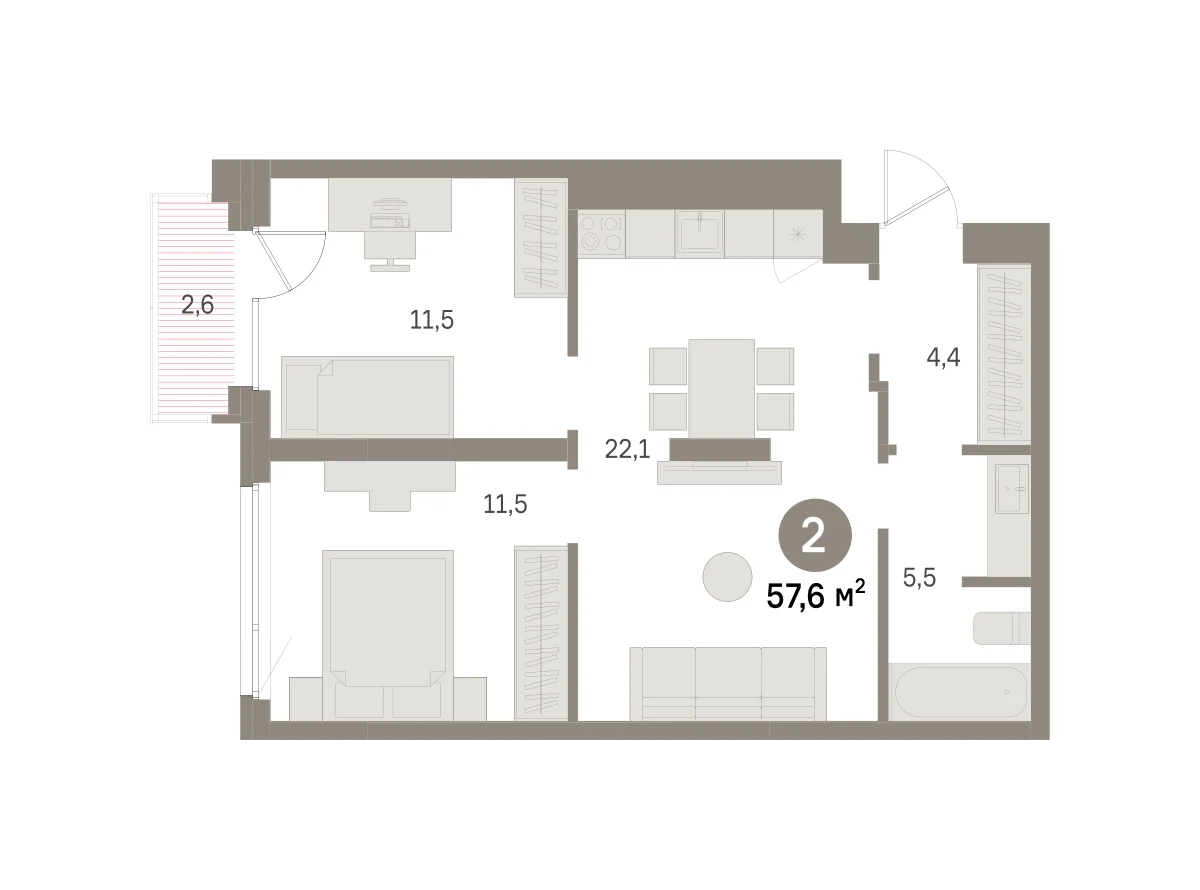 2 комн. Квартира 57.6 кв. м
