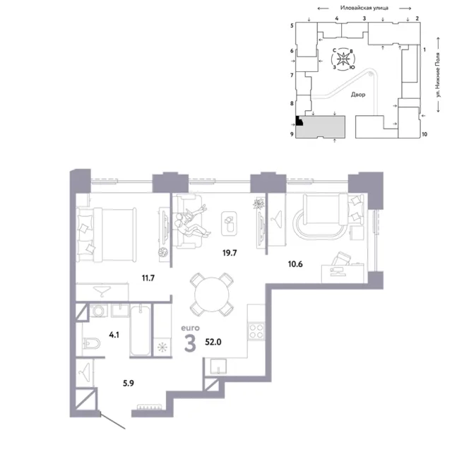 3 комн. Квартира 52 кв. м