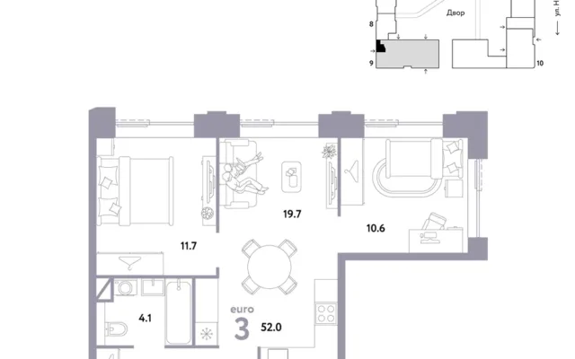 3 комн. Квартира 52 кв. м, Москва
