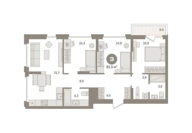 3 комн. Квартира 81.5 кв. м