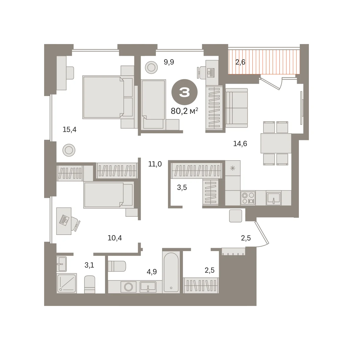 3 комн. Квартира 80.2 кв. м