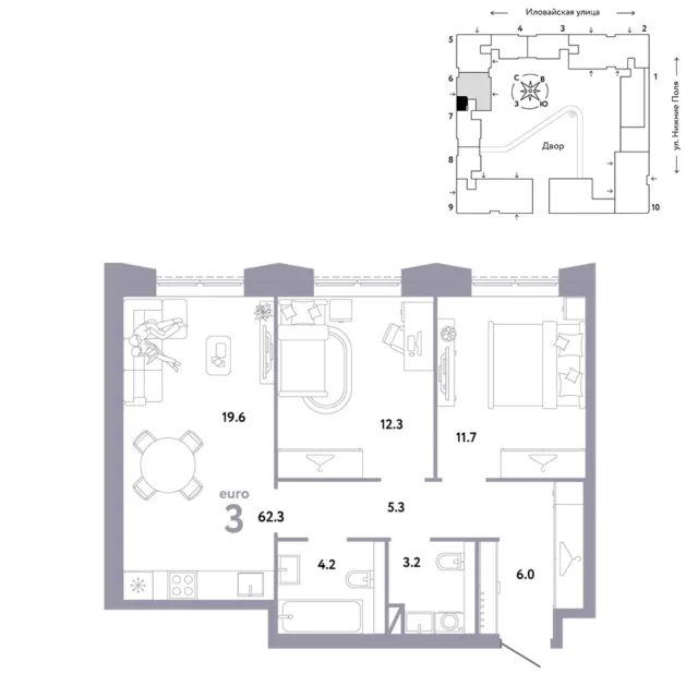 3 комн. Квартира 62.3 кв. м