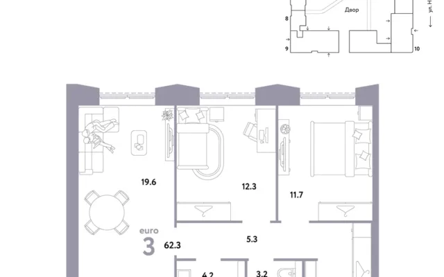 3 комн. Квартира 62.3 кв. м, Москва