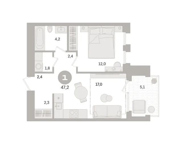 1 комн. Квартира 47.2 кв. м