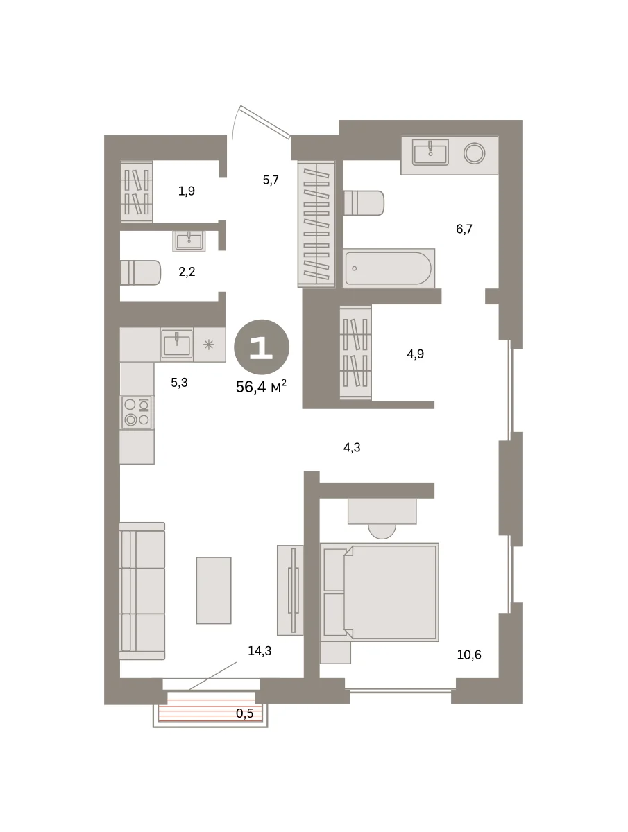 1 комн. Квартира 56.4 кв. м