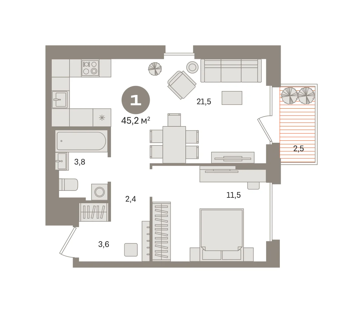 1 комн. Квартира 45.2 кв. м