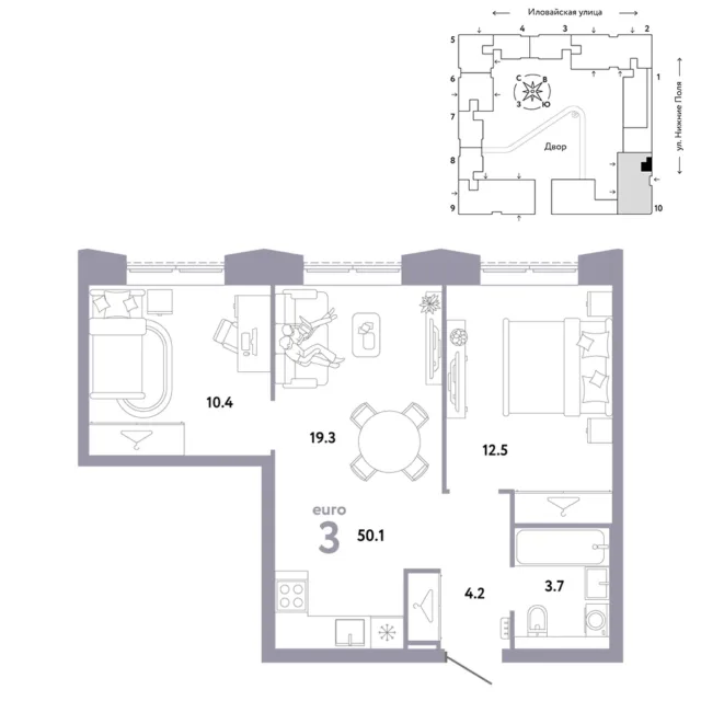 3 комн. Квартира 50.1 кв. м