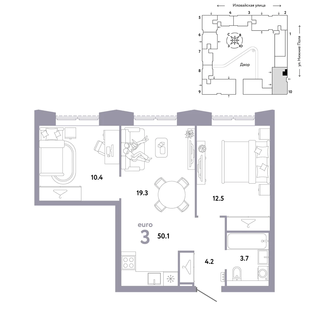 3 комн. Квартира 50.1 кв. м