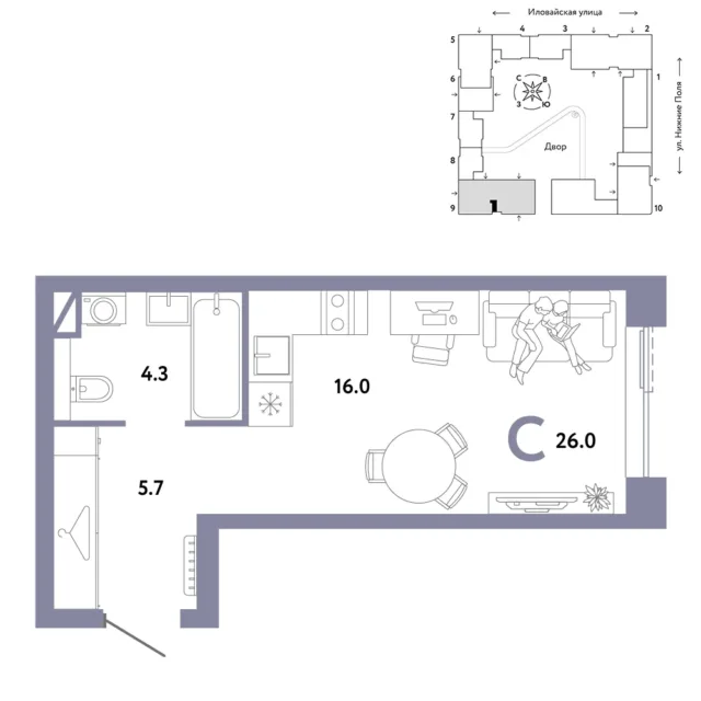 1 комн. Квартира 26 кв. м
