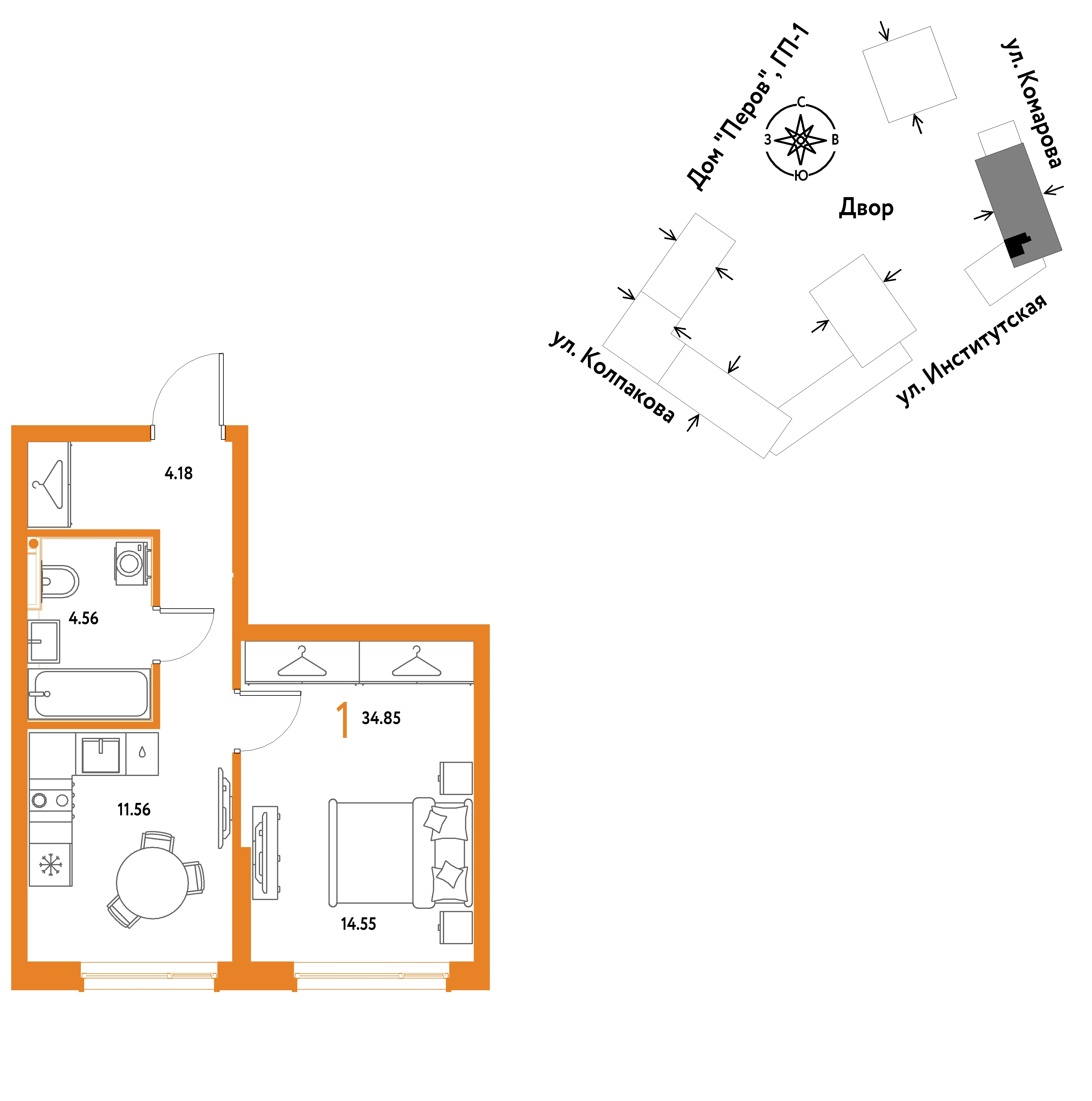 1 комн. Квартира 34.9 кв. м