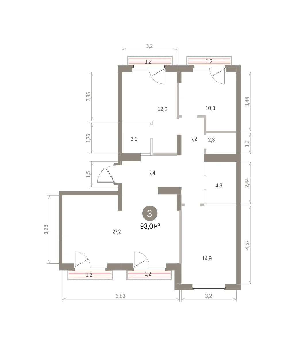 3 комн. Квартира 93 кв. м