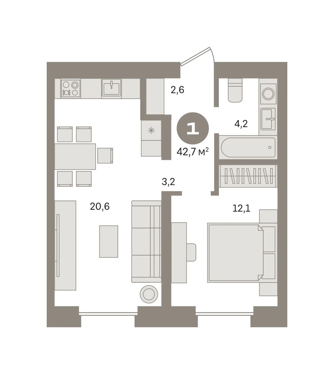 1 комн. Квартира 42.7 кв. м
