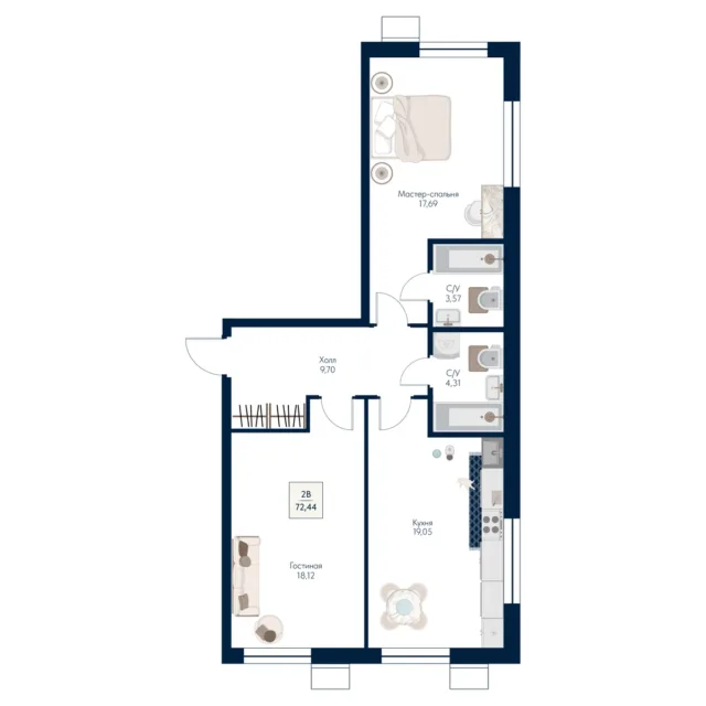 2 комн. Квартира 72.4 кв. м
