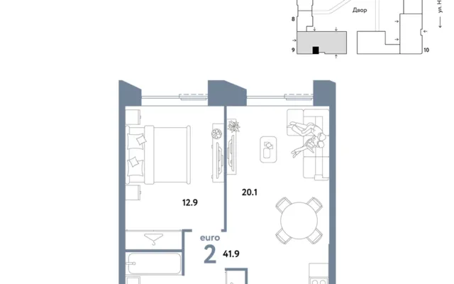 2 комн. Квартира 41.9 кв. м, Москва
