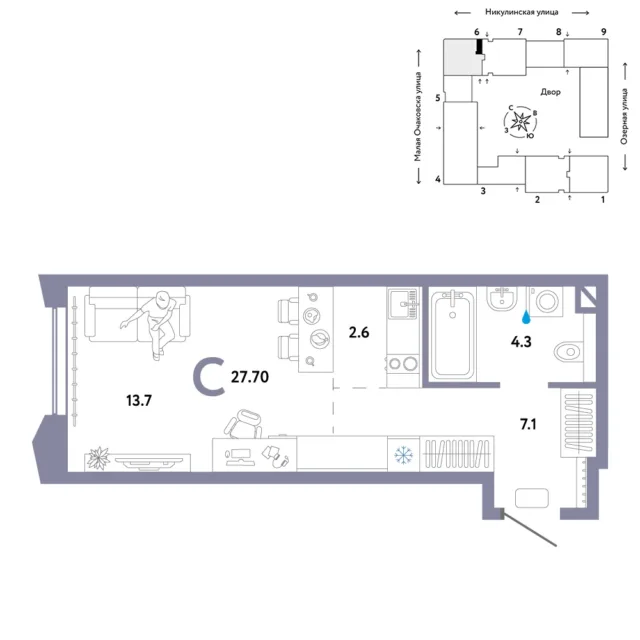 1 комн. Квартира 27.7 кв. м