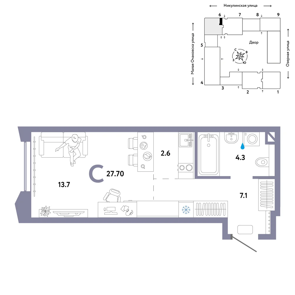 1 комн. Квартира 27.7 кв. м