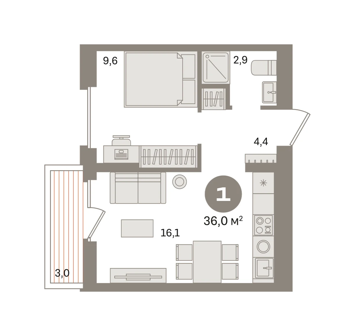 1 комн. Квартира 36 кв. м
