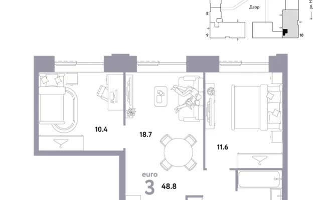 3 комн. Квартира 48.8 кв. м, Москва