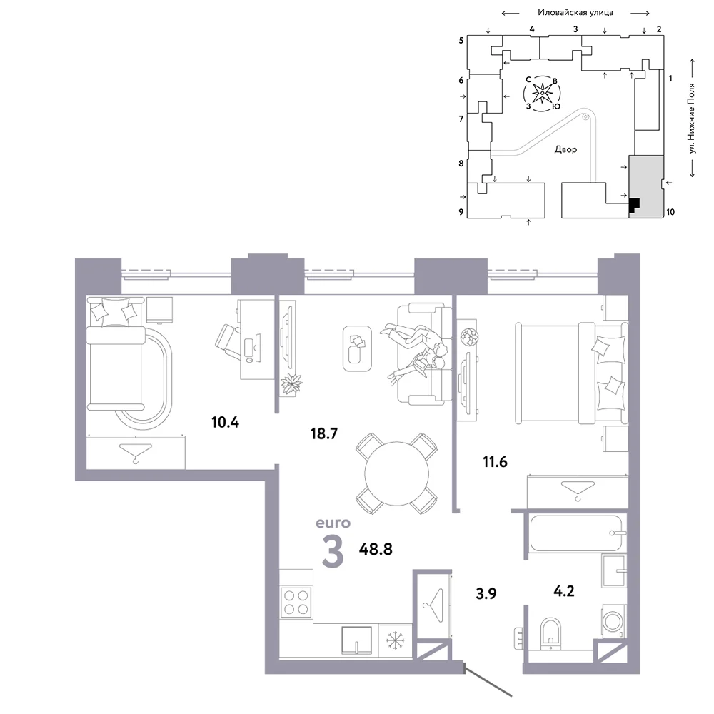 3 комн. Квартира 48.8 кв. м