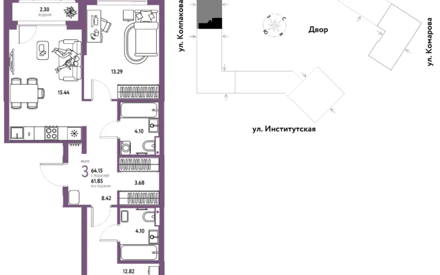 3 комн. Квартира 64.2 кв. м, Москва
