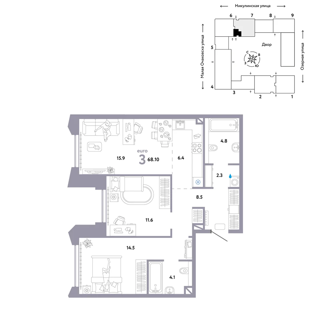 3 комн. Квартира 67.9 кв. м