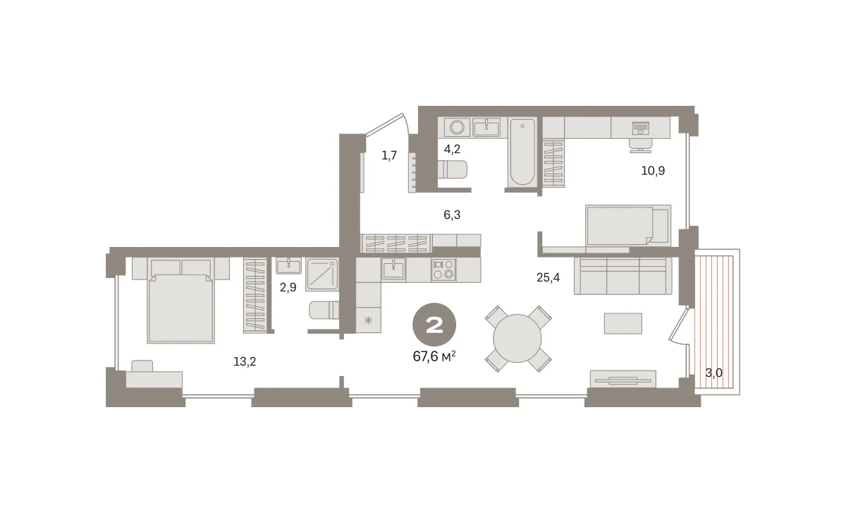 2 комн. Квартира 67.6 кв. м