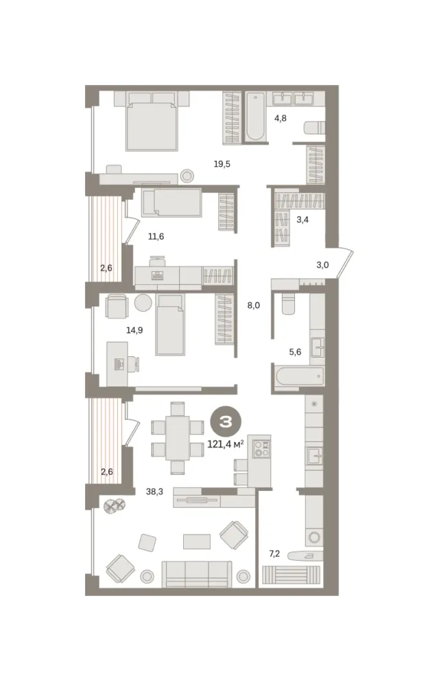 3 комн. Квартира 121.4 кв. м
