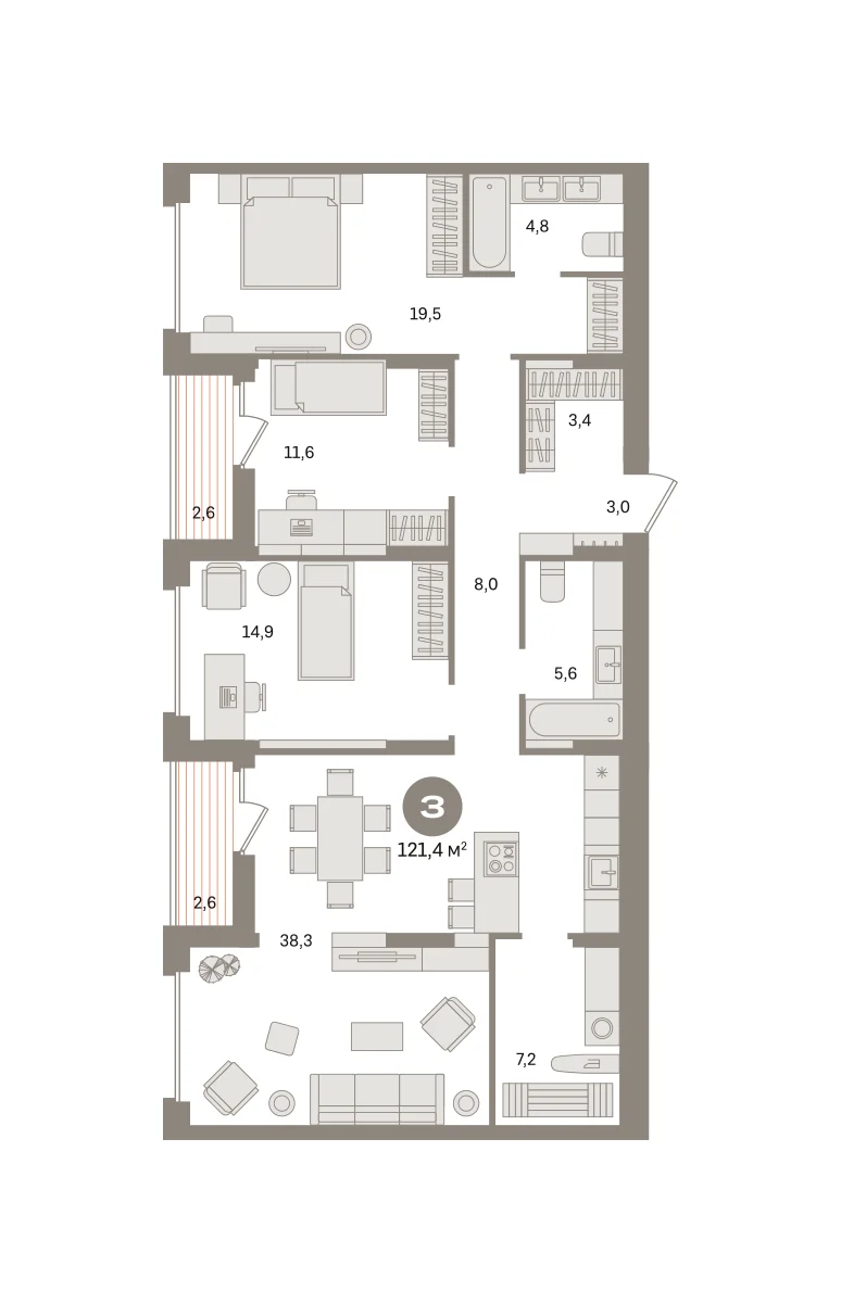 3 комн. Квартира 121.4 кв. м